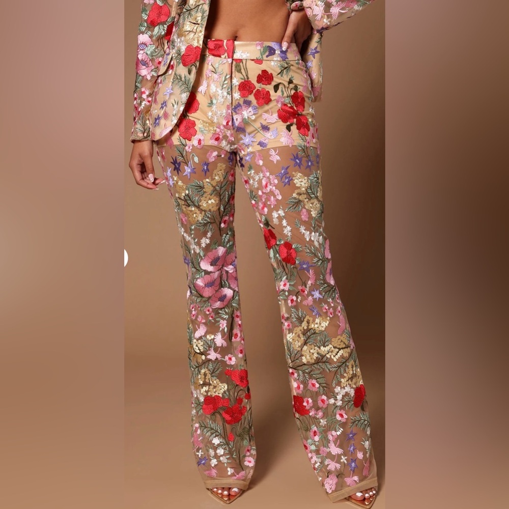 Fashion Nova Erin Nude Sheer Boot Cut Pants with Multicolor Floral Embroidery